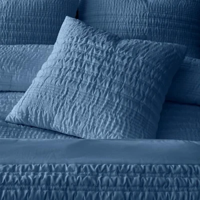 Image of Catherine Lansfield Lennon Stripe Seersucker 45x45cm Cushion Blue