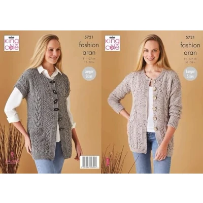 Image of King Cole 5721 Knitting Pattern Womens Cable Waistcoat and Jacket in Fashion Aran