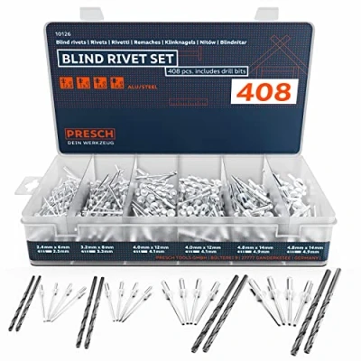 Image of Presch Blind Rivets Assorted 408 pcs. incl. 8 HSS Drill bits 400 Aluminium/Steel Rivet Assortment 2.4, 3.2, 4.0 and 4.8 mm Matching 2.5, 3.3, 4.2 4.9