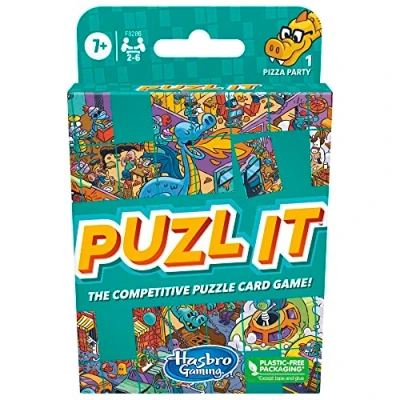 Image of Hasbro Gaming Puzl It Card Game Pizza Party Theme Competitive Puzzle Games for Kids &amp; Families Christmas Stocking Stuffers 2 6 Players Ages 7+
