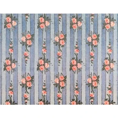 Image of Melody Jane Dolls House Miniature Print 1:12 Scale Pink Rose on Blue Stripe Wallpaper
