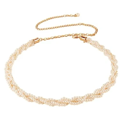 Image of CCAIPU Chain Belts for Women, Pearl Adjustable Gold Metal Link Belt Retro Waist Wedding Jeans Dress 115cm (A Gold)