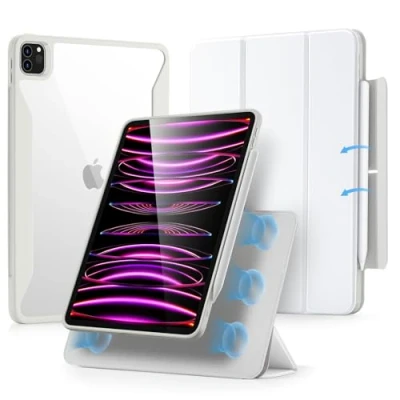 Image of ESR Hybrid Case Compatible with iPad Pro 12.9 Inch (2022/2021), Pencil Holder, Detachable Magnetic Cover, Vertical Stand, Rebound 360 Series, Brilliant White