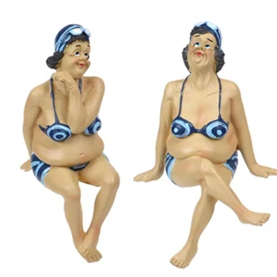 Image of BIG &amp; BEAUTIFUL Pair of OLD Beach Lady Sitting Swimmers BATHROOM ORNAMENTS Humorous BATHERS Couple FIGURINES Blue 15cm