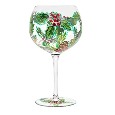 Image of Christmas Cocktail Gin Glass Hand Painted, Pinecone Holly Xmas Design Gift