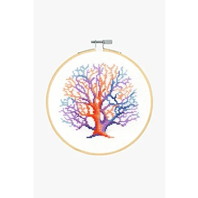 Image of DMC Colourful Coral Cross Stitch Kit, Includes Wooden Hoop, Stranded Cotton Embroidery Thread, 5.5 pts/cm White Aida, Needle, Instructions