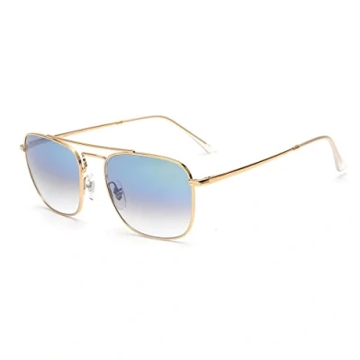 Image of Jim Halo Retro Square Pilot Sunglasses Premium Glass Lens Flat Metal Eyewear Men Women (Gold/Gradient Blue)