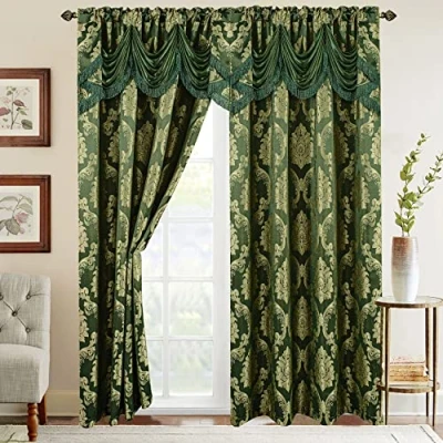 Image of Elegant Comfort Jacquard Look Curtain Panel Set with Attached Waterfall Valance, (Set of 2), 54 x 84 Inches, Hunter Green/Sage