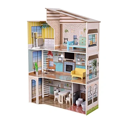 Image of Olivia&#039;s Little World Dreamland Mediterranean 3 Story Wooden Doll House with Skylight and 17 pc Accessory Set for 12&quot; Dolls, Pink/Brown