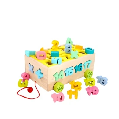 Image of RLS Wooden pull along Toy car Box with colourful numbers &amp; shape blocks