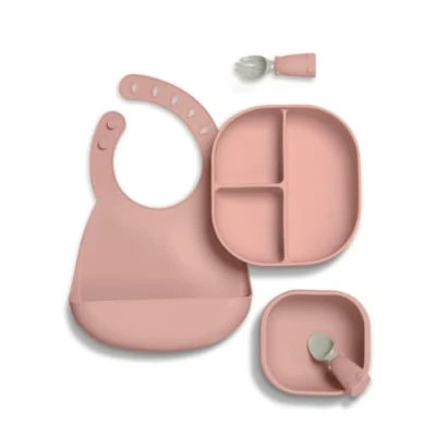 Image of Mamas &amp; Papas 4 Piece Silicone Weaning Starter Kit, BPA Free, Baby Plate and Bowl with Suction, Cutlery Adjustable Bib for Ages 6 18 Months Melba