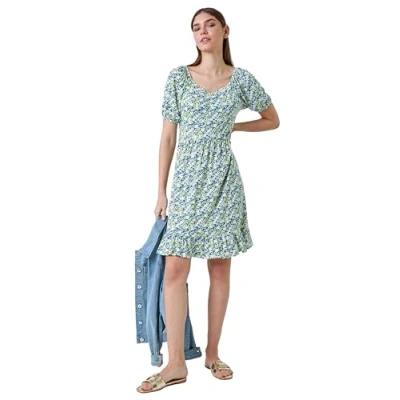 Image of Roman Originals Stretchy Dress for Women UK Ladies Pockets Gathered Waist Ruched Chest Midi Holiday Spring Summer V Neckline Evening Vacation Work Party Going Out Soft Lime Size 18