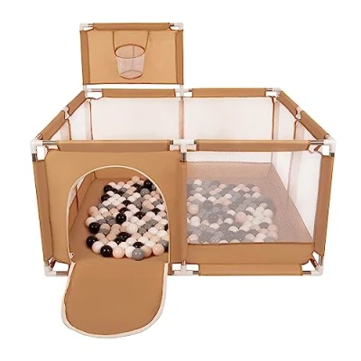 Image of Selonis Square Play Pen Filed with 400 Balls Basketball, Beige:Pastel Beige/Grey/White/Black