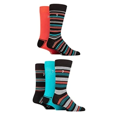 Image of Mens 5 Pair Farah Plain, Striped and Patterned Everyday Bamboo Socks Stripe Black / Coral 6 11