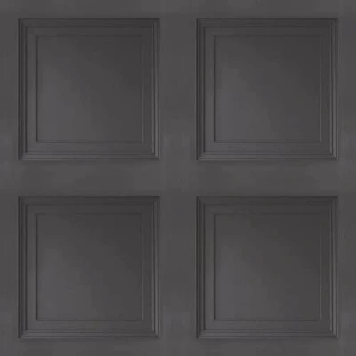 Image of SOPHIE LAURENCE Wood Panel Effect Wallpaper Realistic Square Panelling Flat Finish 3D (Sample Black)