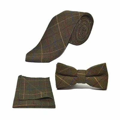 Image of King &amp; Priory Heritage Check Regency Green Bow Tie, Tie Pocket Square Set
