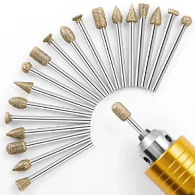 Image of Diamond Grinding Burr Bit Set，20Pcs Rotary Tool Accessories Stone Carving Set with 1/8 inch Shank for Ceramic Glass Carving, Grinding, Polishing, Engraving, Sanding
