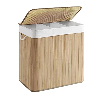 Image of SONGMICS LCB091N01 Laundry Basket, 150 L 3 Compartments Sorting Compartments, Bamboo Lid, Handles, Foldable, Removable Machine Washable Bag, for Room, Bedroom, Wood Colour