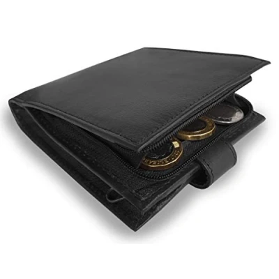 Image of Roamlite Real Leather Mens Mans Wallet Zipped Zip Up Bank Note Section Rear Around Separate Coins Pocket Pouch 11cm x9cm x2cm RL180KA (Black NOT R*F*I*D Blocking)