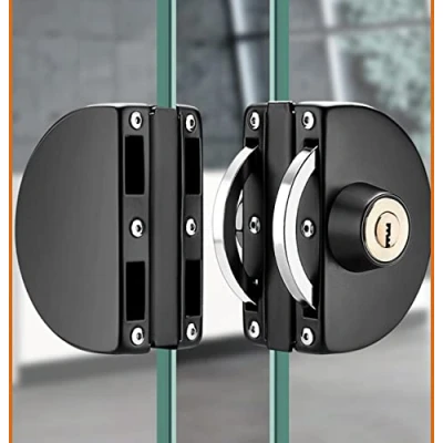Image of Qrity No Drilling Stainless Steel Glass Door Lock Double Central Sliding with 3 Copper Keys for 10 12mm Thickness Tempered Door, Black