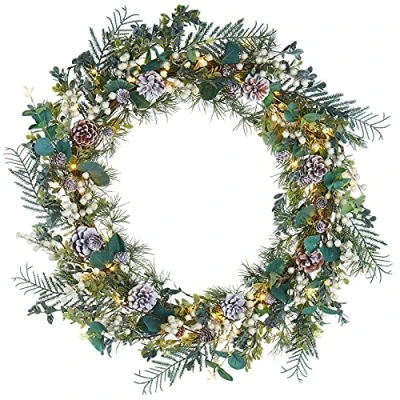 Image of WeRChristmas Pre Lit Decorated Eucalyptus Wreath, 50 Warm White LED Lights, Green, 76 cm