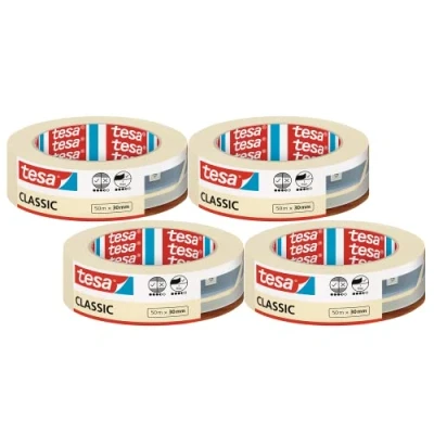 Image of tesa Masking Tape CLASSIC Painter&#039;s for During Painting Work Solvent free, Removable without Residue 4x 50 m x 30 mm