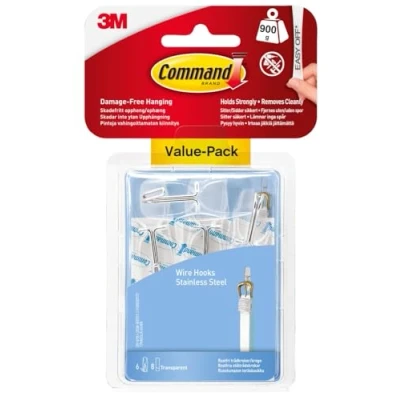 Image of Command Wire Toggle Medium Hook, Pack of 6 Hooks and 8 Adhesive Strips, Transparent Damage Free Hanging Holds up to 900g