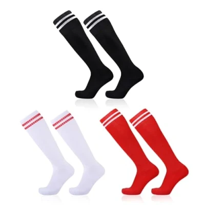 Image of SKHAOVS 3 Pairs Kids Football Socks Boys Girls Soccer Sports Trainer Breathable Running Hockey Rugby Socks, Childrens Long for Aged 5 12 (White,Black,Red)