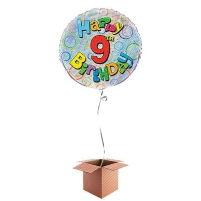 Image of Happy 9th Birthday Holographic Round Foil Balloon Inflated in a Box