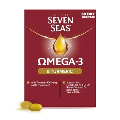Image of Seven Seas Omega 3 Fish Oil Turmeric, With 500 mg + 300 3, 60 High Strength Tablets Vitamin D &amp; 250 EPA DHA, Whole Body Health+, Duo Pack: 30 Capsules