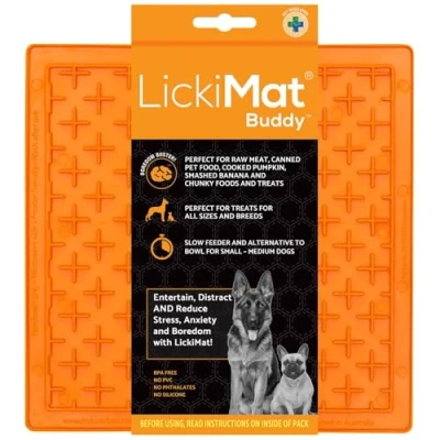 Image of LickiMat Buddy Dog Feeding Mat for Boredom and Anxiety Relief, Ideal Food, Treats, Yoghurt or Peanut Butter, Fun Alternative to a Slow Feeder Bowl, Orange