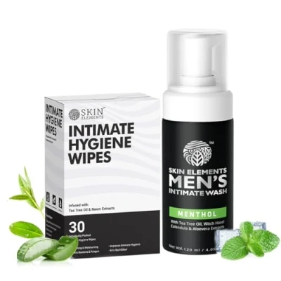 Image of Skin Elements Intimate Hygiene Combo, Wash Men 120 ml with Menthol + 30 Wipes Tea Tree &amp; Neem Extracts Ph Balanced Foaming Wash, Prevents Irritation Odor