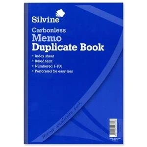 Image of Silvine Carbonless Duplicate Book. Manufactured from quality paper, white pages numbered 1 to 100 with an index sheet. Ruled Feint Memo. Size: A4 (298x210mm). Ref: 714.