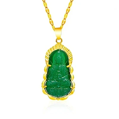 Image of Kinsing Buddha Quan yin Pendant Guan Beaded Chain Necklace Jade Stone Beads Kwan Chinese Feng Shui Amulet for Wealth Safe (Golden), Stone, Cubic Zirconia