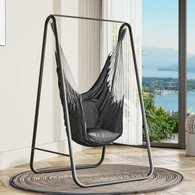 Image of YITAHOME Hammock with Stand, Max. load 150 kg, Stand Hanging Swing, 85x92x153 cm, Sturdy Steel Frame, Swing Chair 2 Hooks and Back Cushion for Patio, Balcony Garden, Black
