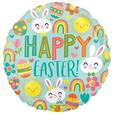 Image of Amscan 4234901 Anagram Happy Easter Printed Icons Round Foil Balloon 18&quot;