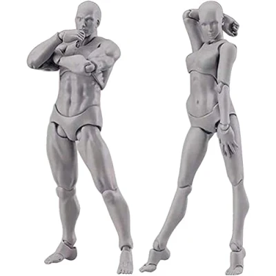 Image of Niniang Body Doll, Artists Blockhead Mannequin Articulated Drawing Figures Man + Woman Set (Grey)