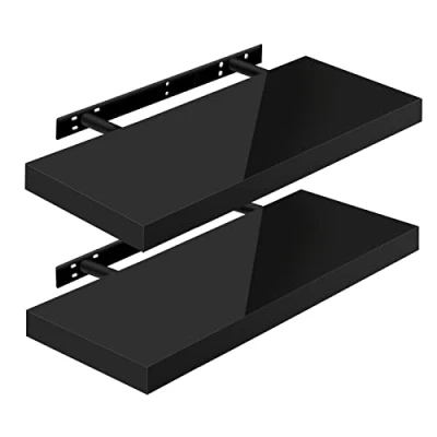 Image of WOLTU High Gloss Floating Shelves,Set of 2 Wall Shelf,CD DVD Storage Corner Shelf, Premium Wooden Shelves for Bedroom LivingRoom kitchen 60x22.9x3.8cm, Black, RG9478sz