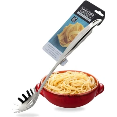 Image of Sabatier Professional Large Metal Spaghetti Server Ladle Mirror Polished Stainless Steel Fork Spoon to Measure, Drain &amp; Serve Pasta. Strong Construction. 5 Year Guarantee, Dishwasher Safe