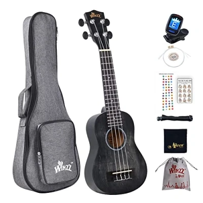 Image of Winzz Kids Adults Ukulele Soprano Beginner Kit 21 Inches with 8 Accessories, Unique Color DesignBlack