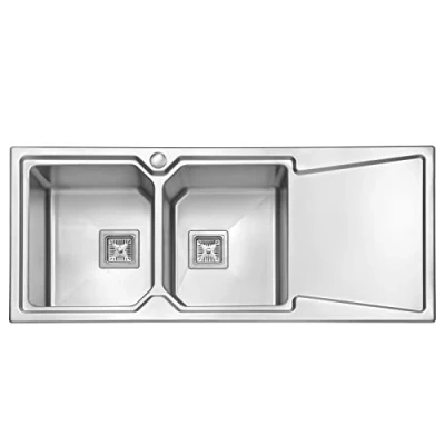 Image of JASSFERRY Brilliant Inset Kitchen Sink 1.2 mm Thickness Stainless Steel Double 2.0 Large Rectangle Bowl Right Hand Drainer Square Strainer Plug Waste Pipe Kit