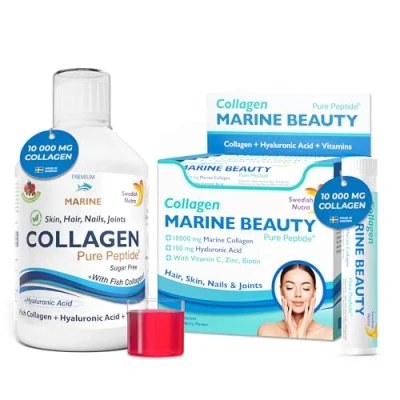 Image of Swedish Nutra Marine Collagen 10000 mg 500ml &amp; Beauty (20 Shots) I Sugar Free Hair, Skin and Nails 40 Day Supply