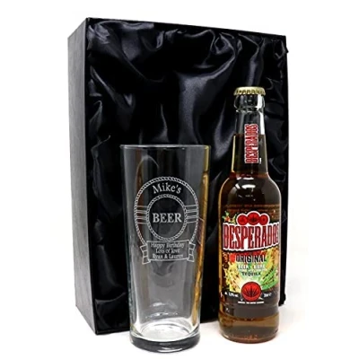 Image of Regalo Personalised Pint Glass &amp; Beer Design (Desperados Tequila Beer, Silk Lined Gift Box)