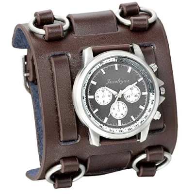 Image of JewelryWe Hip hop Gothic Leathernk Style Mens Wrist Watch 74MM Wide Brown Leather Cuff Watches, Fathers Day Present