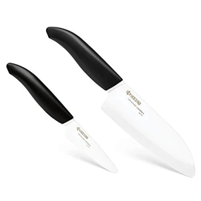 Image of Kyocera FK 2PC WH BK &quot;Black Handle Handle&quot; Gift Set with 14cm Santoku and 7.5cm Paring Knife