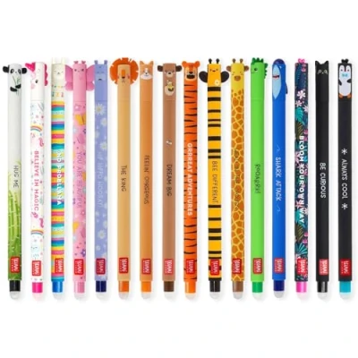 Image of LEGAMI Set of 16 Erasable Gel Pens with Thermosensitive Erase Ink, Range ink colours &amp; barrel designs, 0.7mm Tip, Animal Designs