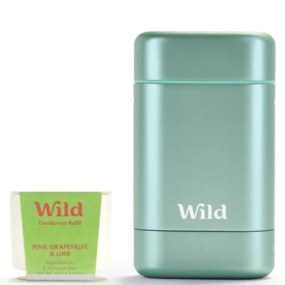 Image of Wild Natural Refillable Deodorant Starter Kit with Aqua Case and Pink Grapefruit &amp; Lime Scented Refill (40g) Aluminium Free Long Lasting Protection Vegan