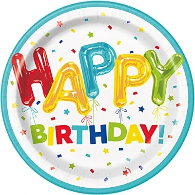 Image of Unique 73105EU Eco Friendly Paper Plates 23 cm Happy Balloon Birthday Party 8 Count (Pack of 1), Multicolour, Centimeters