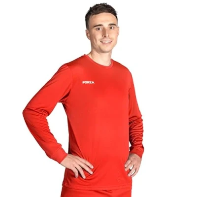 Image of FORZA Men’s Long Sleeve Football Shirt Breathable Quick Dry Fabric, Available in Sizes XS to XXL and Multiple Colours, Ideal for Training &amp; Match Play (UK, Alpha, XL, Regular, Red)