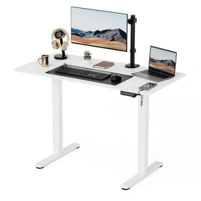 Image of VonHaus Electric Standing Desk, Height Adjustable Sit Stand Desk w/Anti Collision &amp; Preset Technology, Cable Management USB C Charging, 120x60cm, Two Piece White Desktop Frame